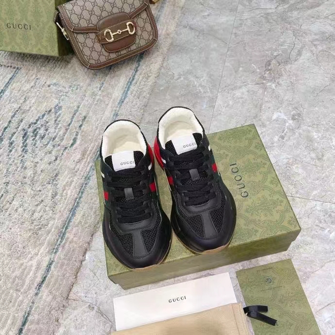Gucci Unisex GG Rhyton Sneaker Black Leather Mesh Rubber Sole Low Heel