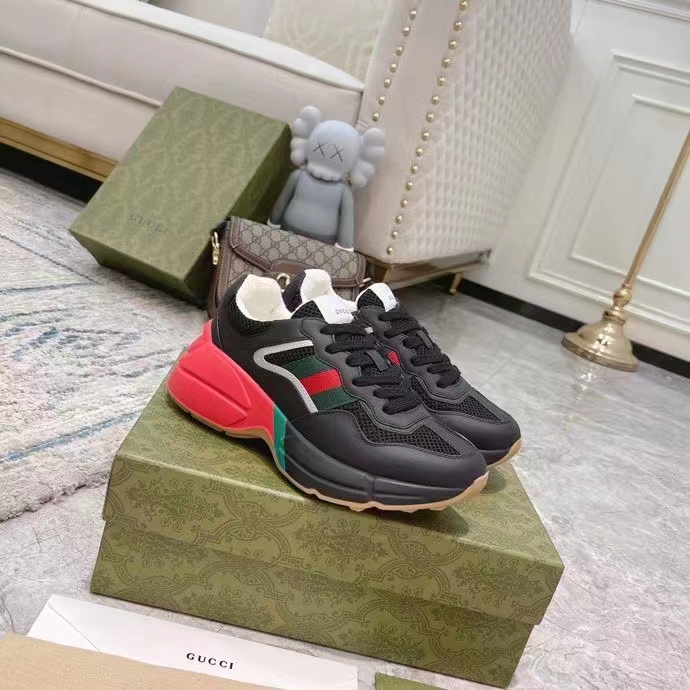 Gucci Unisex GG Rhyton Sneaker Black Leather Mesh Rubber Sole Low Heel