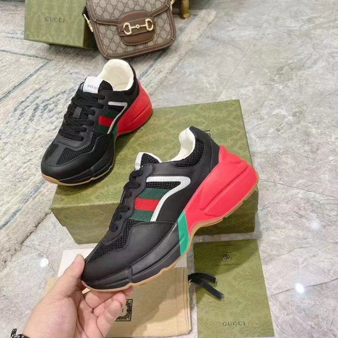 Gucci Unisex GG Rhyton Sneaker Black Leather Mesh Rubber Sole Low Heel
