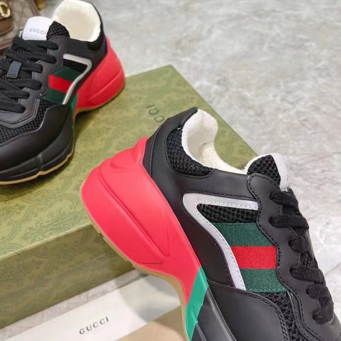 Gucci Unisex GG Rhyton Sneaker Black Leather Mesh Rubber Sole Low Heel