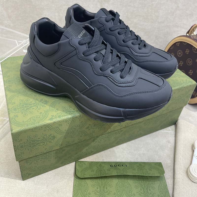 Gucci Unisex GG Rhyton Sneaker Black Leather Rubber Sole Low Heel