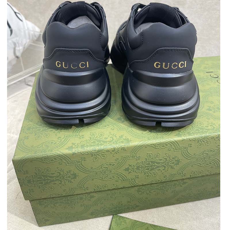 Gucci Unisex GG Rhyton Sneaker Black Leather Rubber Sole Low Heel