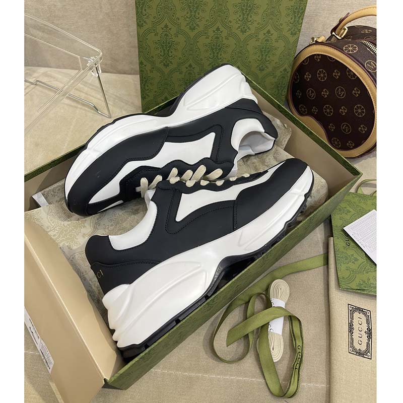 Gucci Unisex GG Rhyton Sneaker Black White Leather Rubber Sole 5 Cm Low Heel