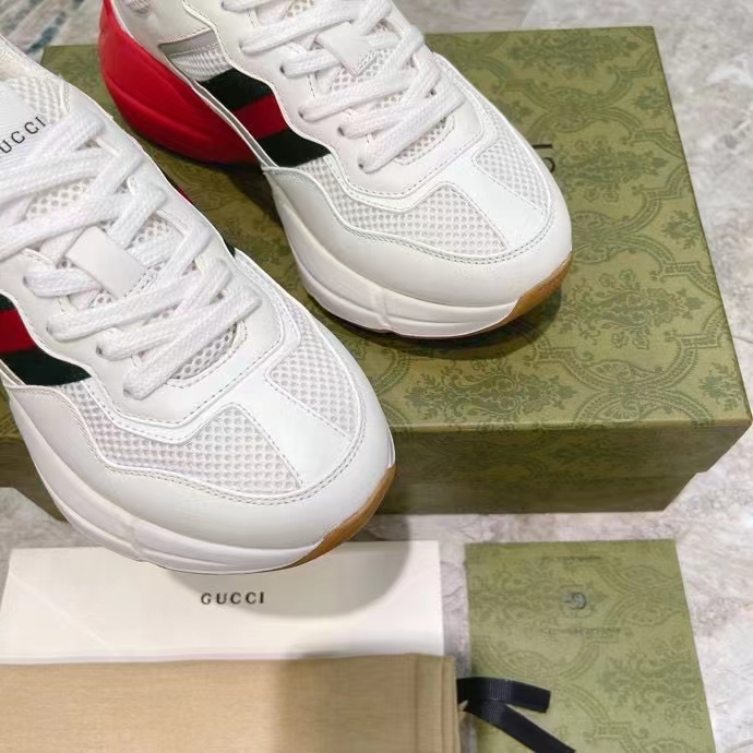 Gucci Unisex GG Rhyton Sneaker White Leather Mesh Rubber Sole Low Heel