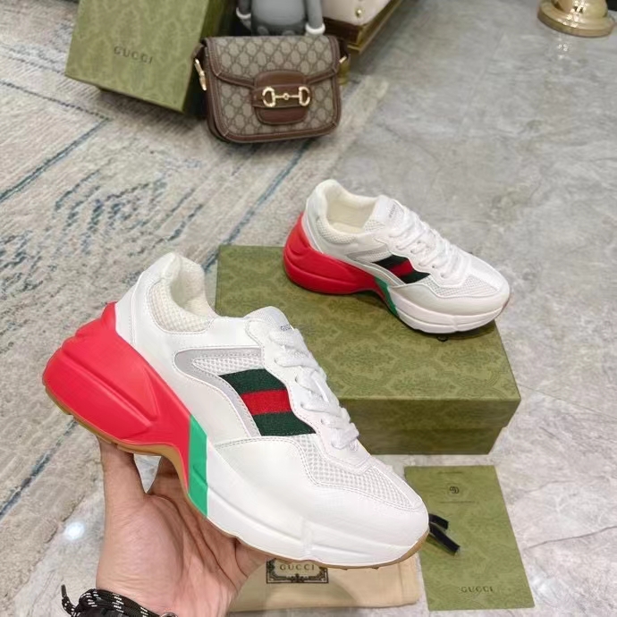 Gucci Unisex GG Rhyton Sneaker White Leather Mesh Rubber Sole Low Heel