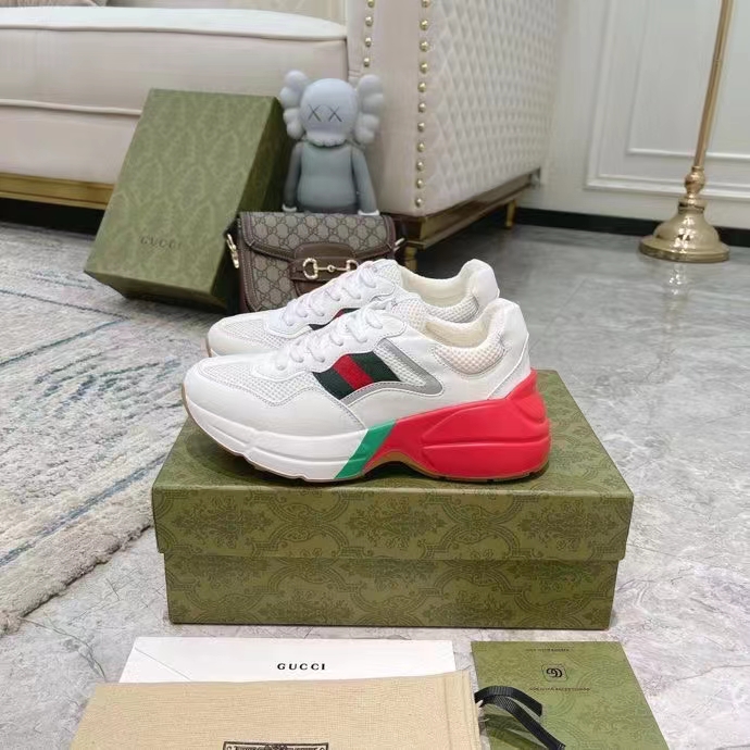 Gucci Unisex GG Rhyton Sneaker White Leather Mesh Rubber Sole Low Heel