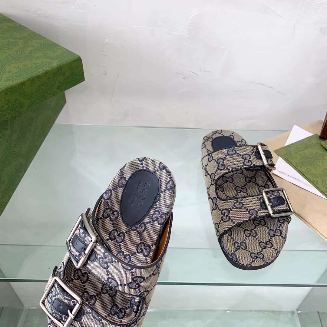 Gucci Unisex GG Slide Sandal Blue Beige Original GG Canvas Rubber Sole Flat