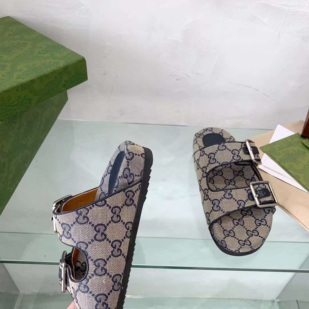 Gucci Unisex GG Slide Sandal Blue Beige Original GG Canvas Rubber Sole Flat