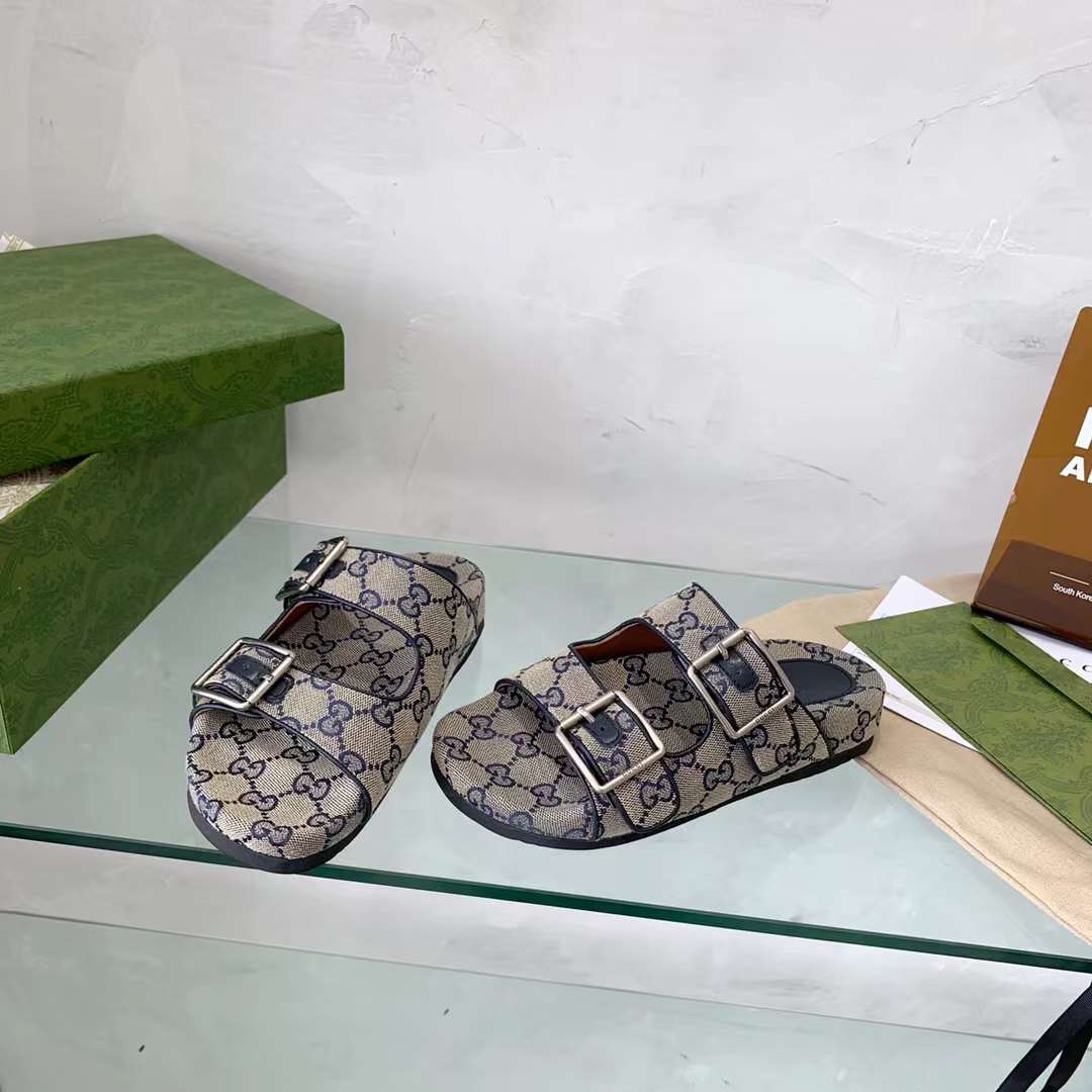 Gucci Unisex GG Slide Sandal Blue Beige Original GG Canvas Rubber Sole Flat