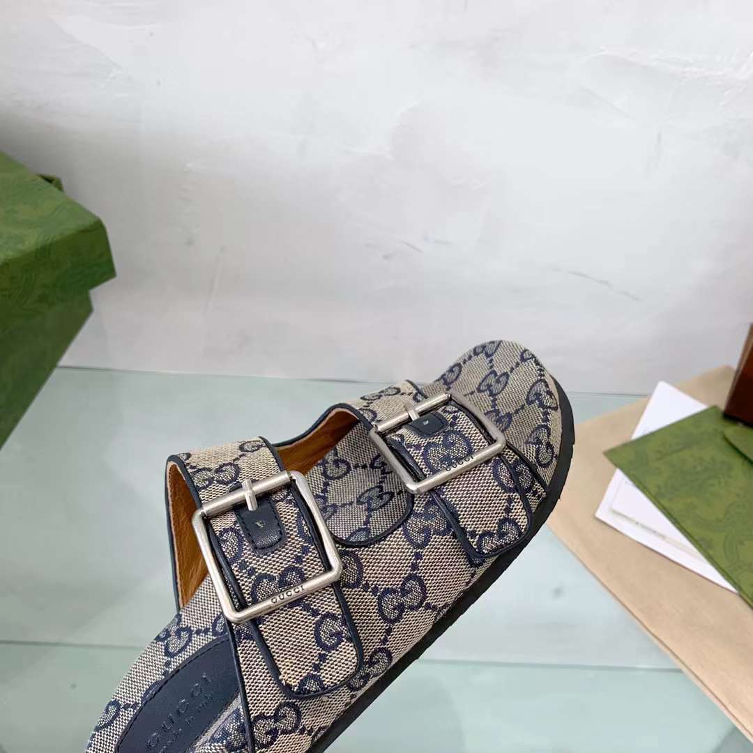 Gucci Unisex GG Slide Sandal Blue Beige Original GG Canvas Rubber Sole Flat