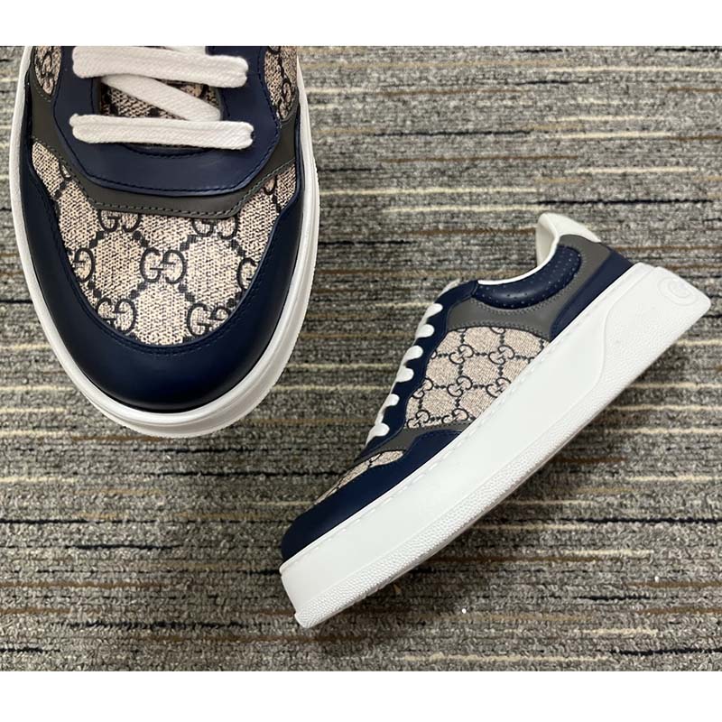 Gucci Unisex GG Sneaker Beige Blue Supreme Canvas Rubber Mid 5.5 Cm Heel