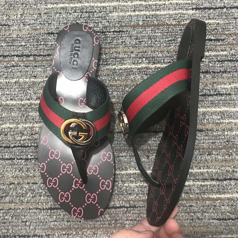 Gucci Unisex GG Thong Web Sandal Interlocking G Leather Sole Square Toe Flat
