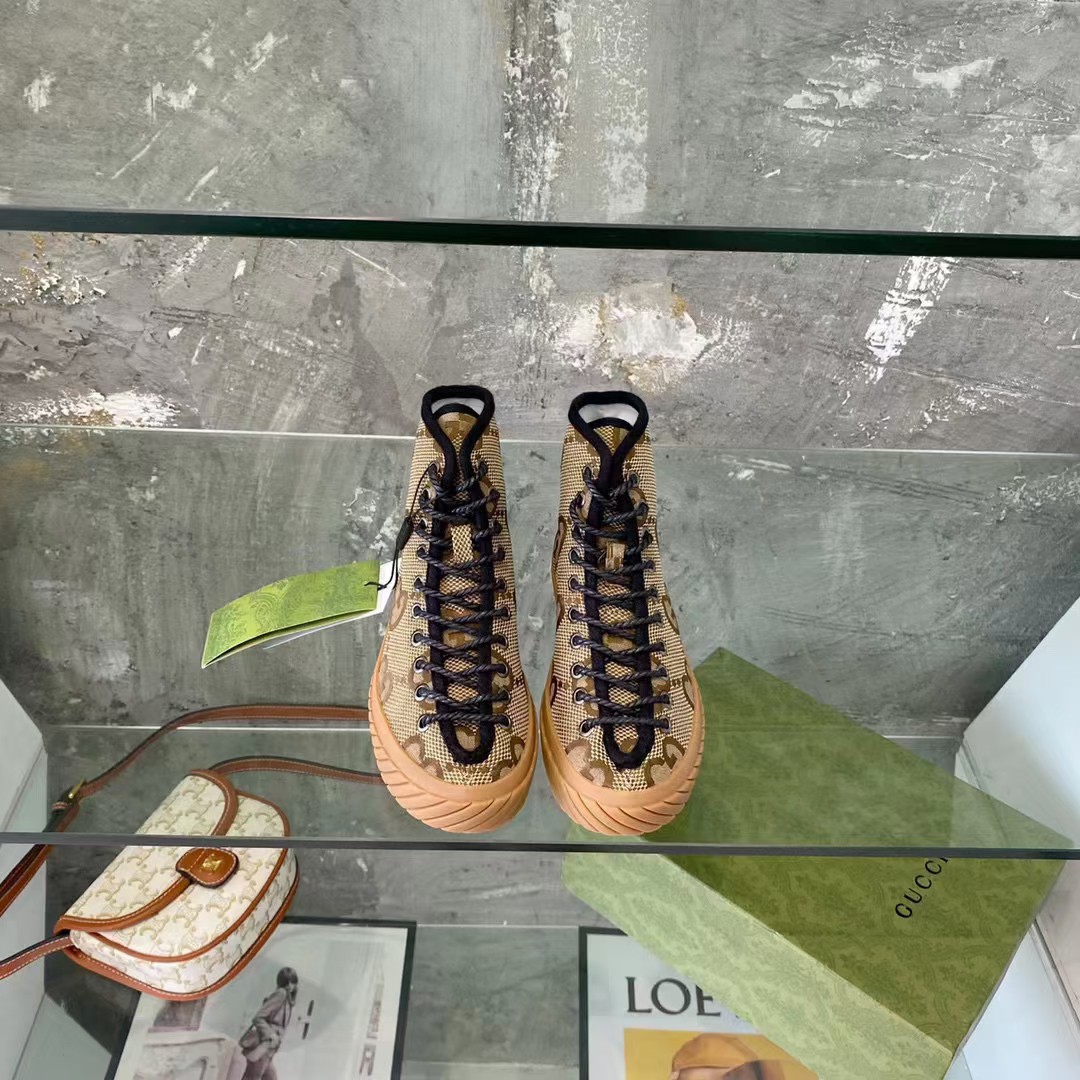 Gucci Unisex High-Top Maxi GG Sneaker Camel Ebony Canvas Low 3 Cm Heel