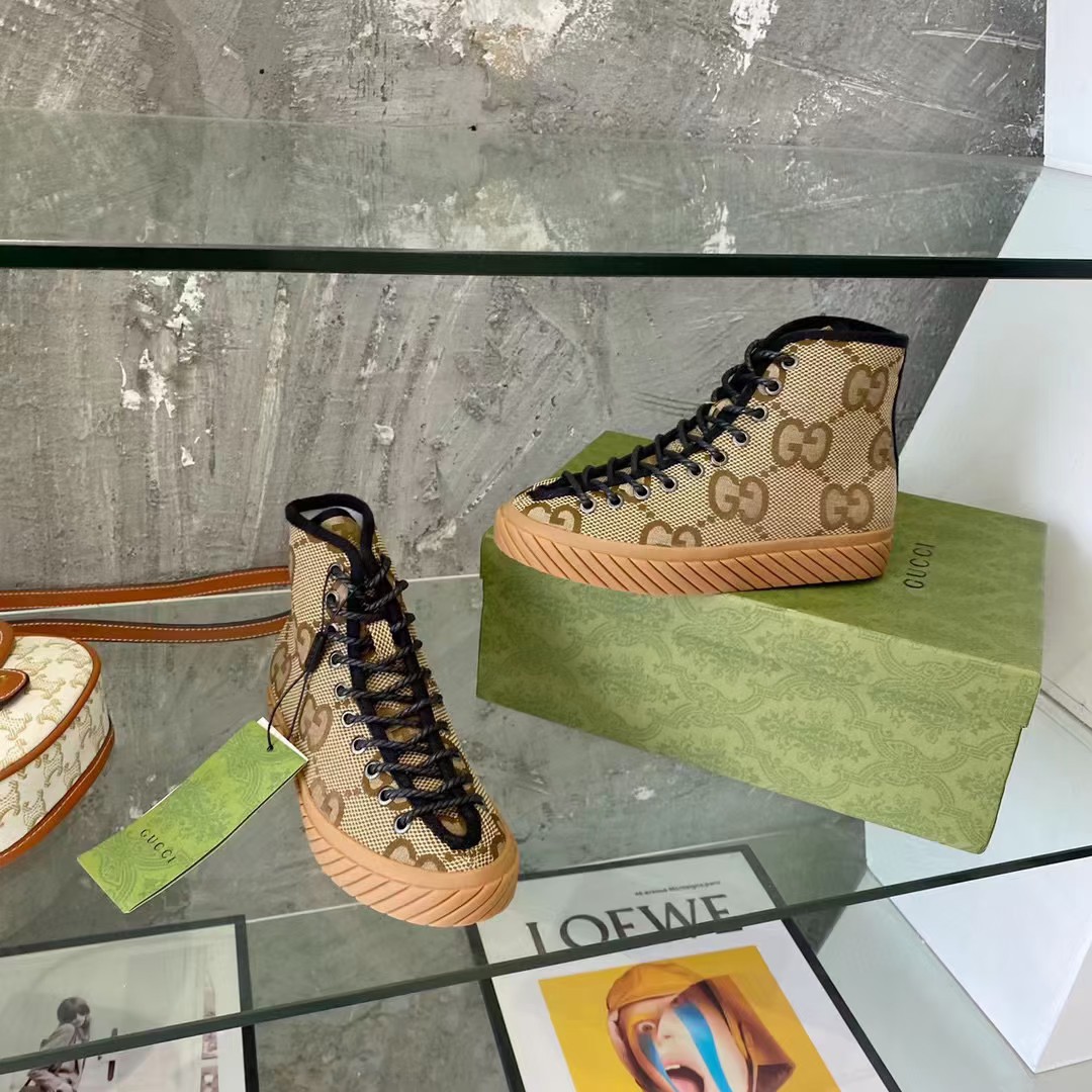 Gucci Unisex High-Top Maxi GG Sneaker Camel Ebony Canvas Low 3 Cm Heel