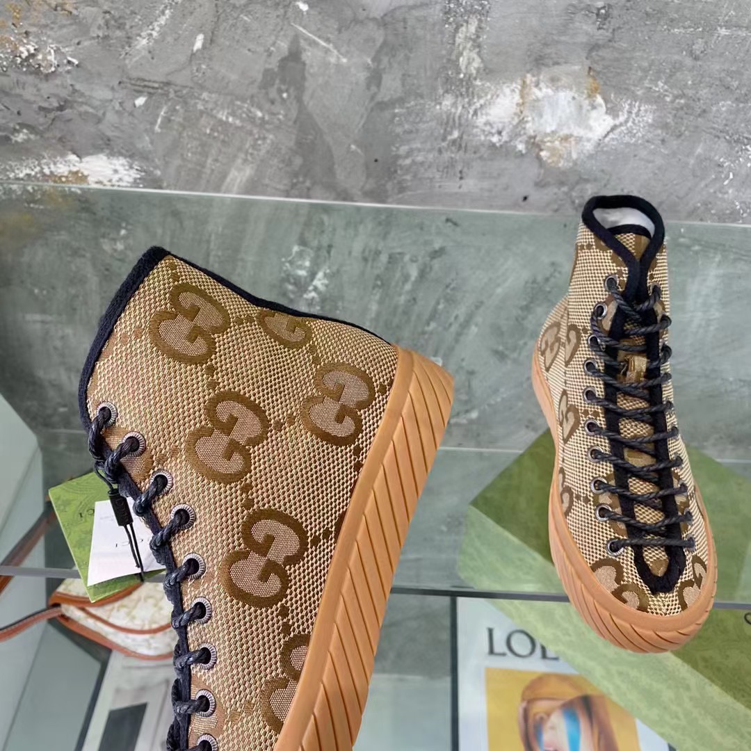 Gucci Unisex High-Top Maxi GG Sneaker Camel Ebony Canvas Low 3 Cm Heel