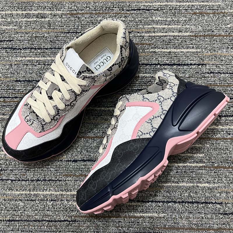 Gucci Unisex Rhyton Sneaker Beige Blue GG Supreme Canvas Rubber Sole Mid Heel
