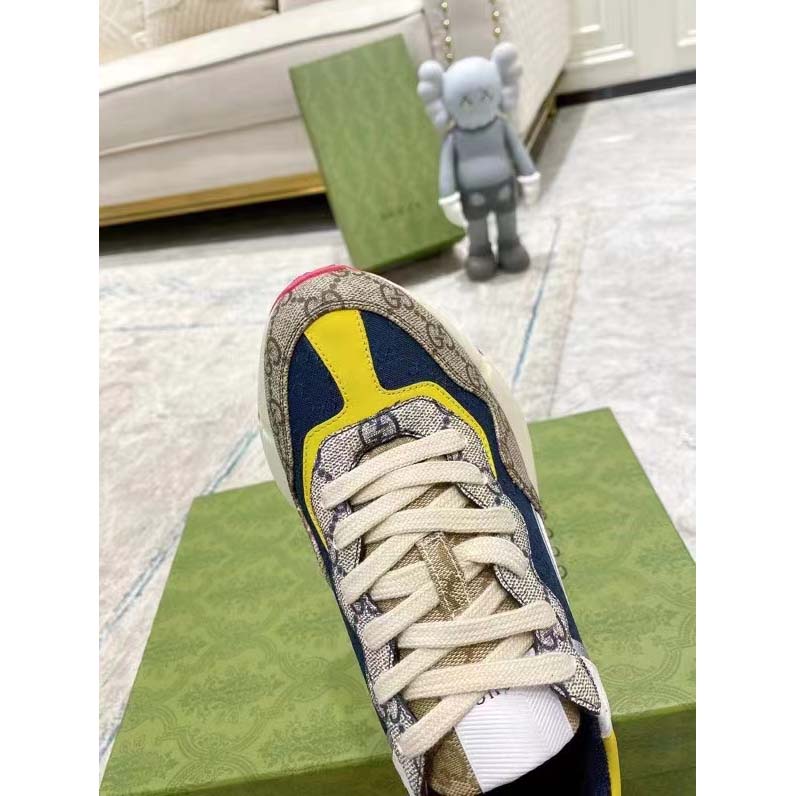 Gucci Unisex Rhyton Sneaker Beige White Blue GG Supreme Canvas Low Heel