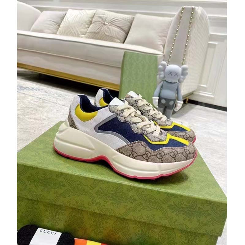 Gucci Unisex Rhyton Sneaker Beige White Blue GG Supreme Canvas Low Heel
