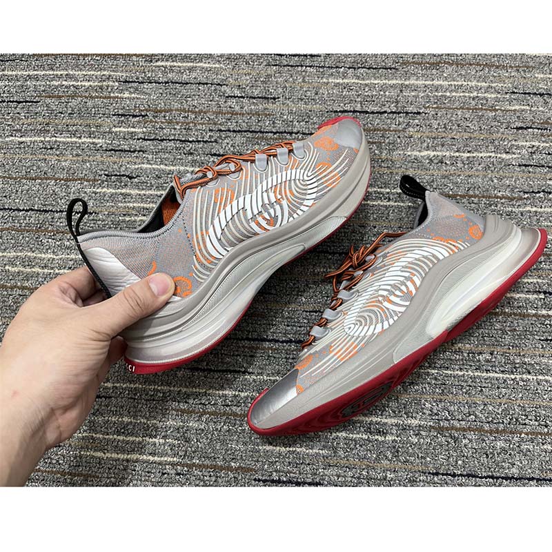 Gucci Unisex Run Sneaker Grey Orange GG Technical Knit Fabric Rubber Interlocking G