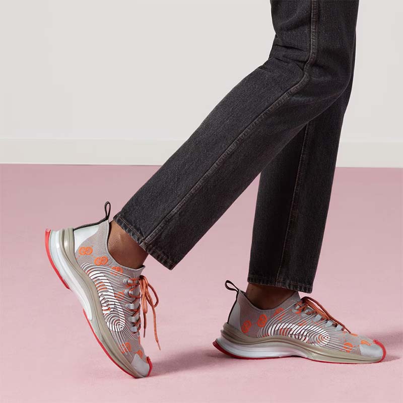 Gucci Unisex Run Sneaker Grey Orange GG Technical Knit Fabric Rubber Interlocking G