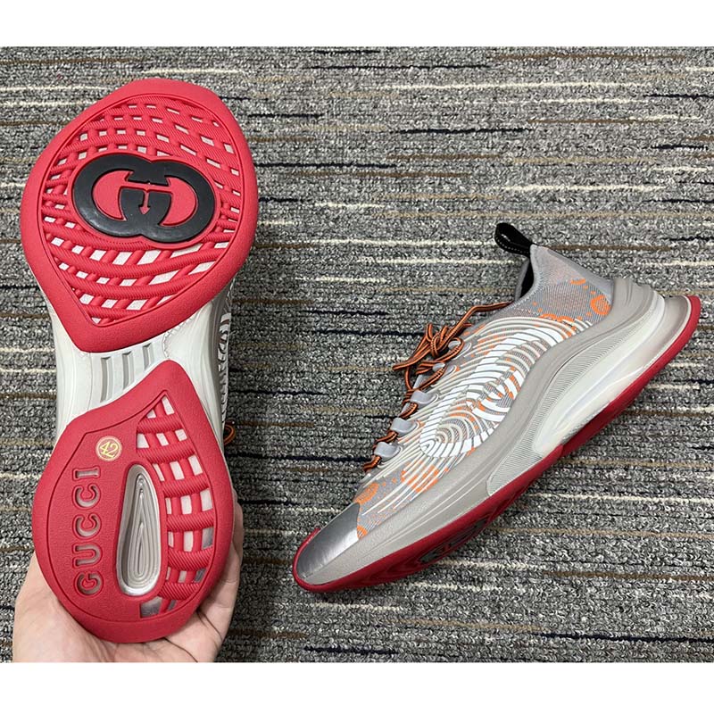 Gucci Unisex Run Sneaker Grey Orange GG Technical Knit Fabric Rubber Interlocking G