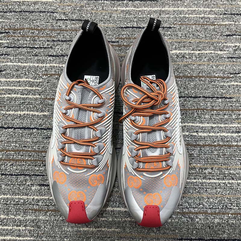 Gucci Unisex Run Sneaker Grey Orange GG Technical Knit Fabric Rubber Interlocking G