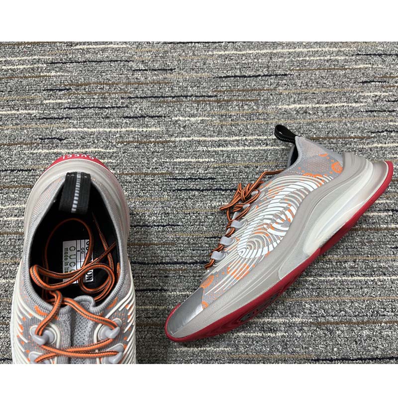 Gucci Unisex Run Sneaker Grey Orange GG Technical Knit Fabric Rubber Interlocking G