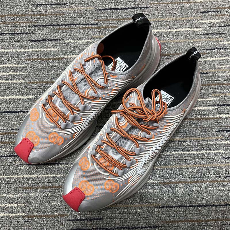 Gucci Unisex Run Sneaker Grey Orange GG Technical Knit Fabric Rubber Interlocking G