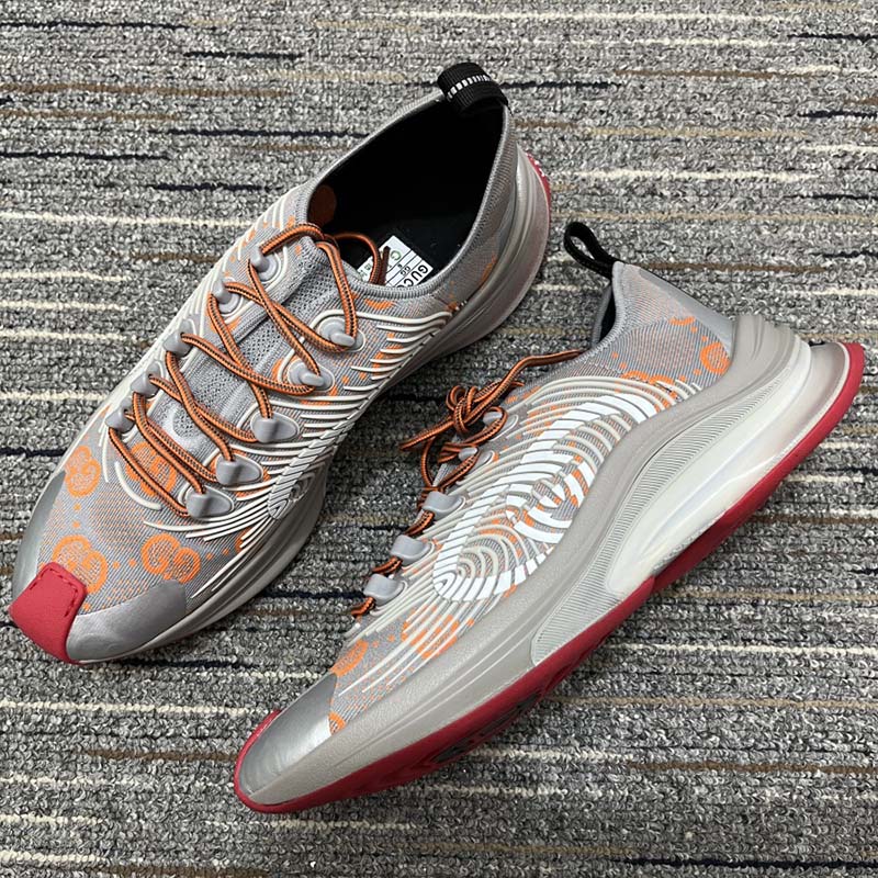 Gucci Unisex Run Sneaker Grey Orange GG Technical Knit Fabric Rubber Interlocking G