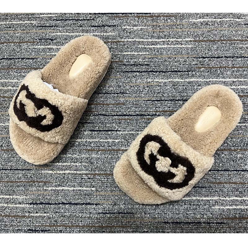 Gucci Unisex Slide Sandal Interlocking G Light Brown Merino Wool Flat