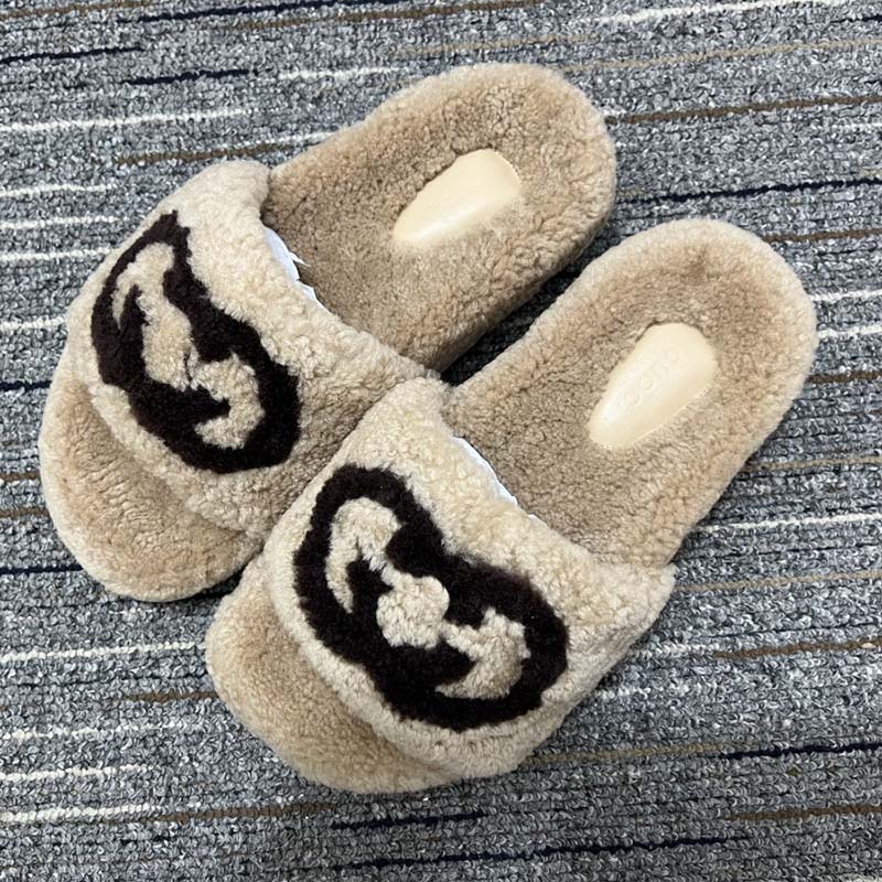 Gucci Unisex Slide Sandal Interlocking G Light Brown Merino Wool Flat