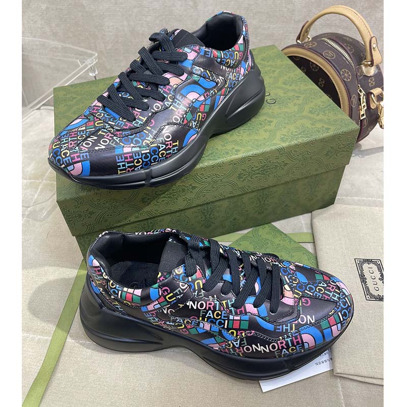 Gucci Unisex The North Face x Gucci Rhyton Sneaker Black Leather Rubber Sole 4 Cm Heel