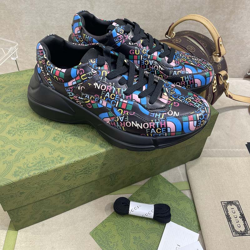 Gucci Unisex The North Face x Gucci Rhyton Sneaker Black Leather Rubber Sole 4 Cm Heel
