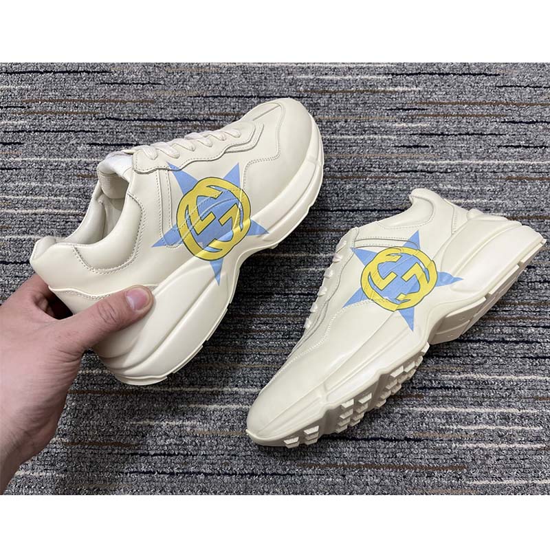 Gucci Unsiex Rhyton Star Print Sneaker Ivory Leather Interlocking G Rubber Sole Mid Heel