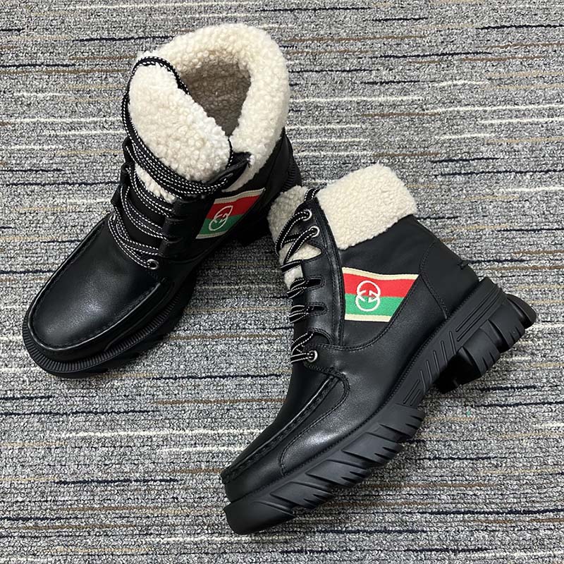 Gucci Women Ankle Boot Stripe Black Leather Merino Wool Mid 6 Cm Heel