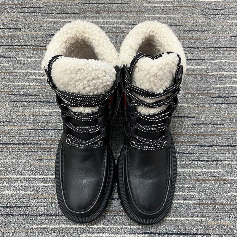 Gucci Women Ankle Boot Stripe Black Leather Merino Wool Mid 6 Cm Heel