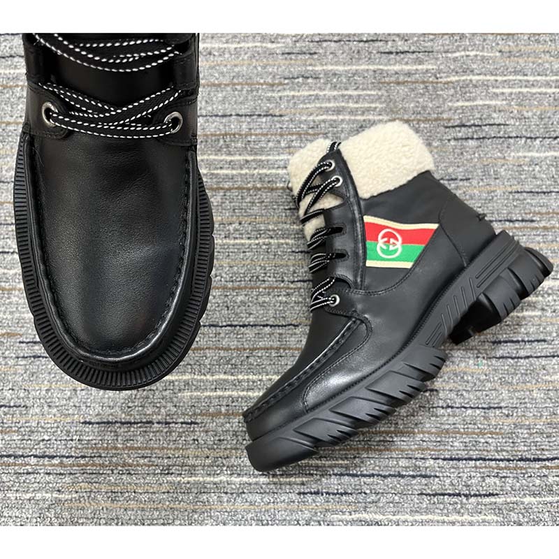 Gucci Women Ankle Boot Stripe Black Leather Merino Wool Mid 6 Cm Heel