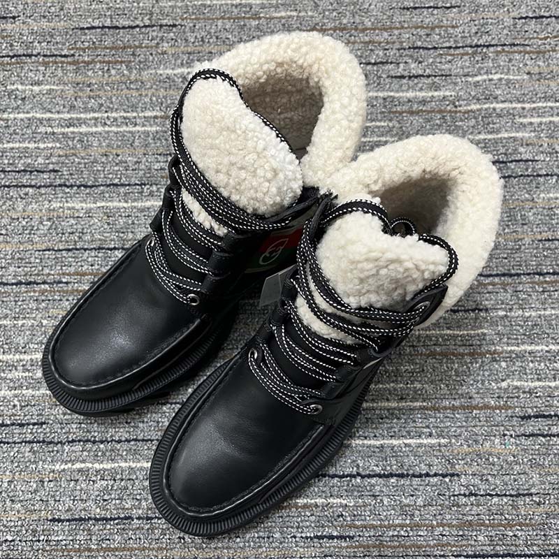 Gucci Women Ankle Boot Stripe Black Leather Merino Wool Mid 6 Cm Heel