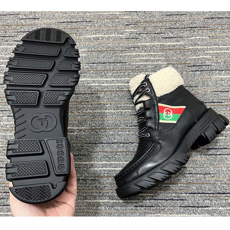Gucci Women Ankle Boot Stripe Black Leather Merino Wool Mid 6 Cm Heel