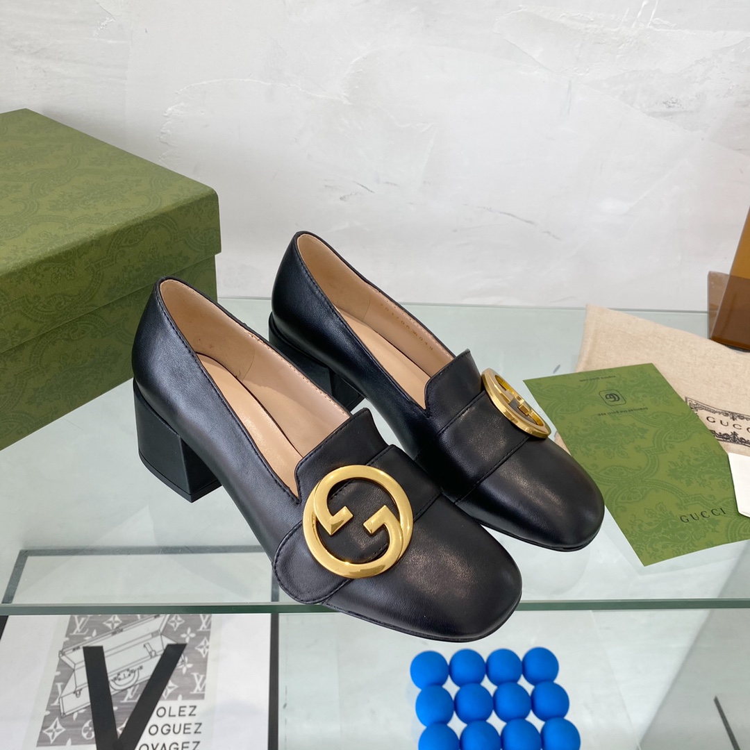 Gucci Women Blondie Mid-Heel Pump Black Leather Round Interlocking G