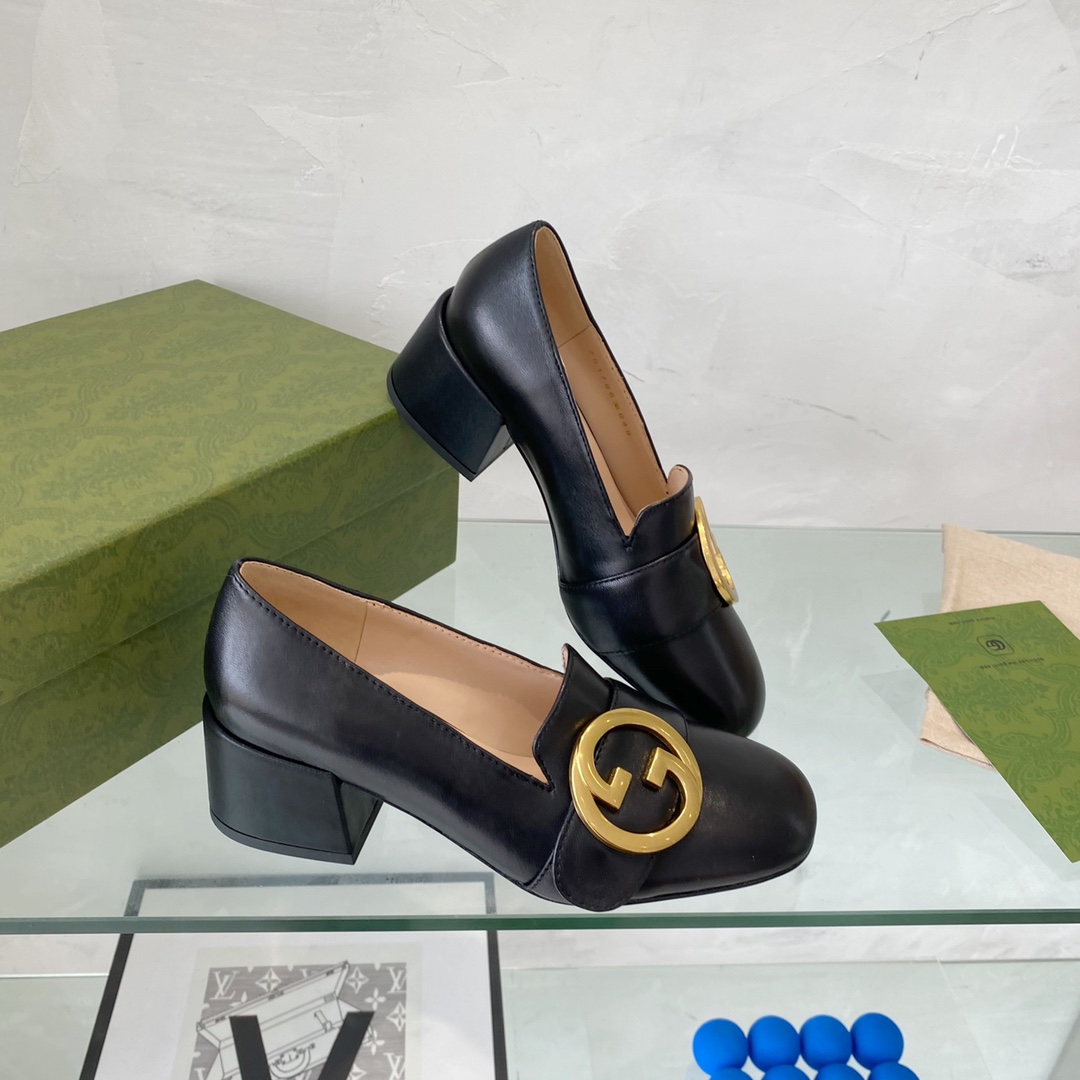 Gucci Women Blondie Mid-Heel Pump Black Leather Round Interlocking G