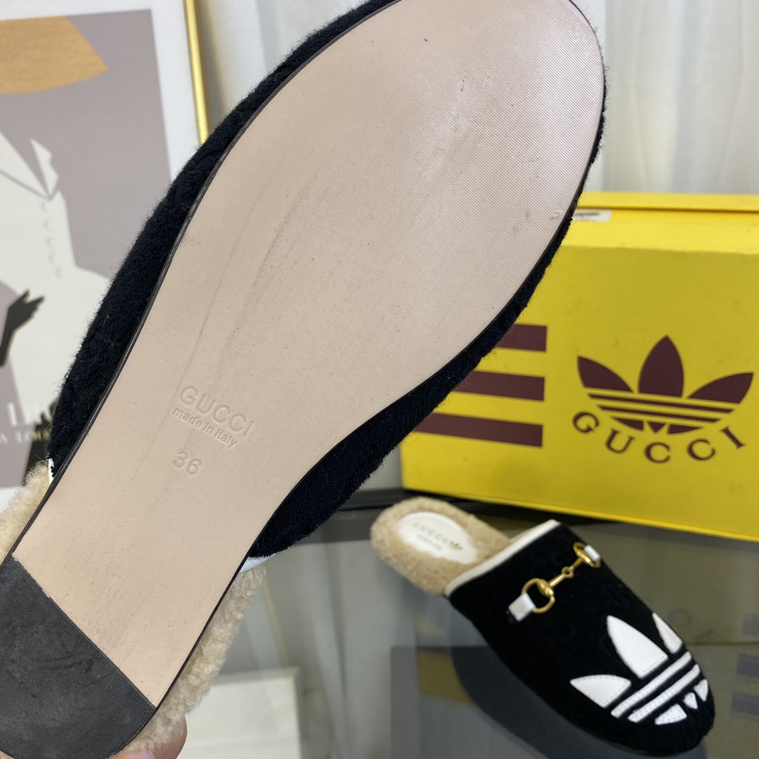 Gucci Women GG Adidas x Gucci Women’s Trefoil Slipper Black Suede Flat