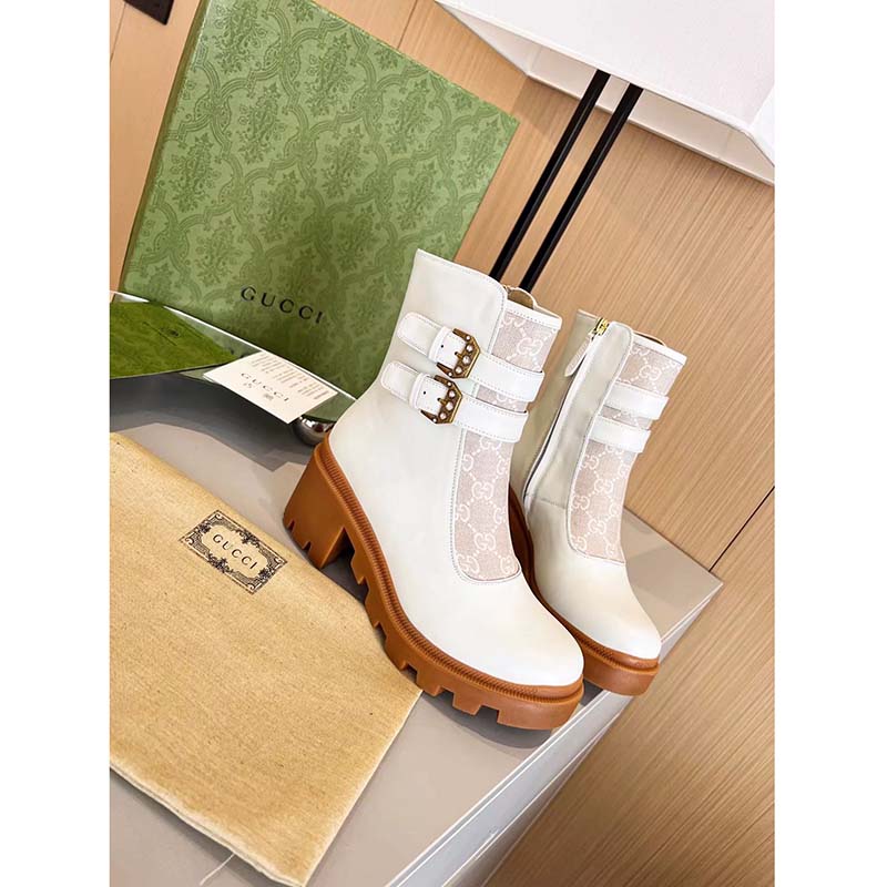 Gucci Women GG Ankle Boot Buckles White Leather Rubber Sole Mid-Heel
