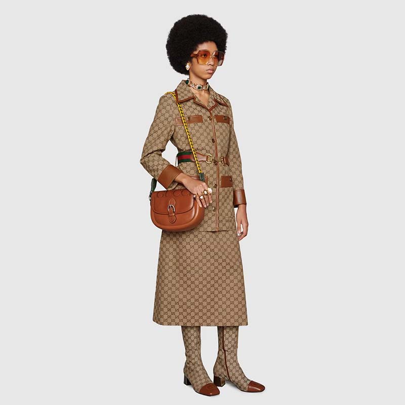 Gucci Women GG Canvas Jacket Web Belt Cotton Camel Ebony Point Collar
