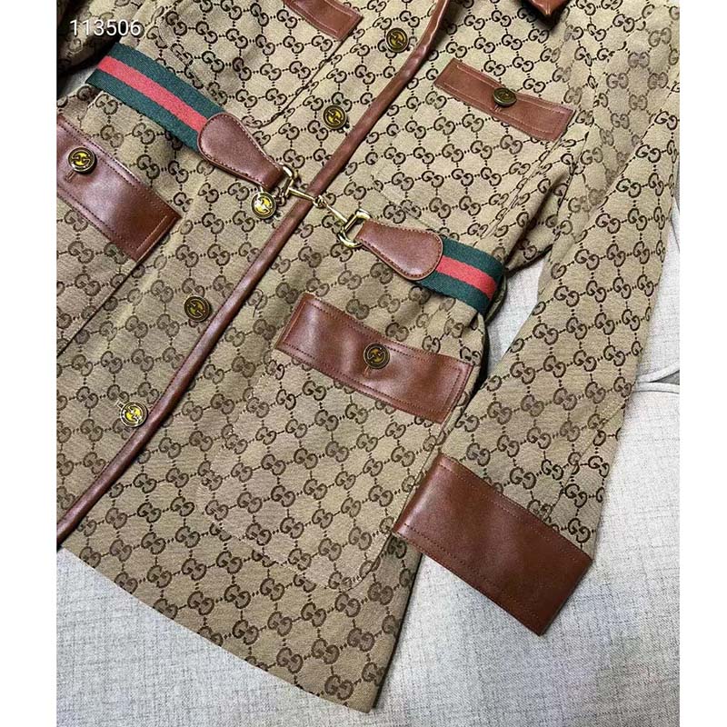 Gucci Women GG Canvas Jacket Web Belt Cotton Camel Ebony Point Collar