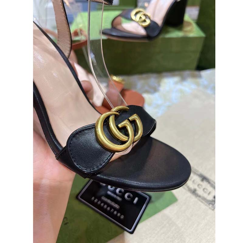 Gucci Women GG Leather Mid-Heel Sandal Black Double G 8 Cm Heel