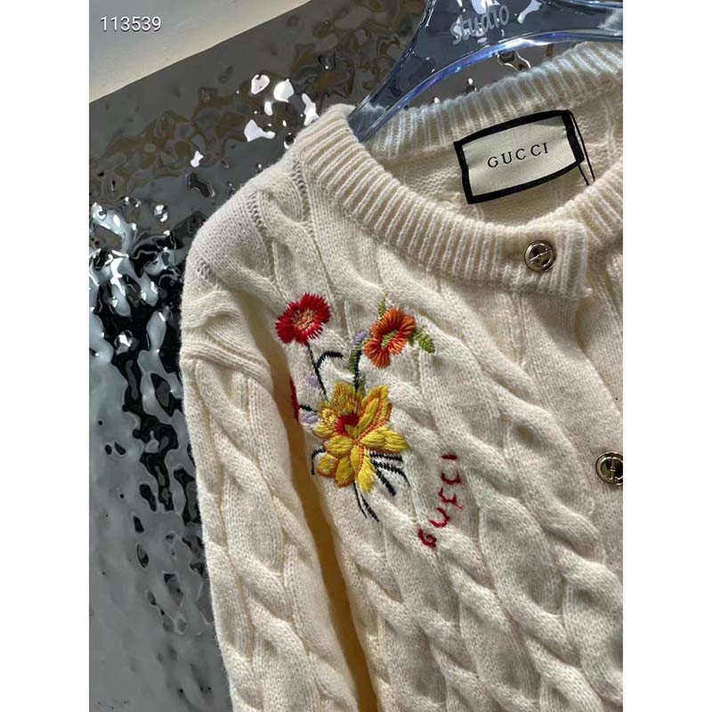 Gucci Women GG Lovelight Cotton Cardigan Embroidery White Floral Embroidery Crewneck