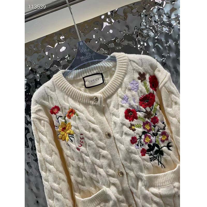 Gucci Women GG Lovelight Cotton Cardigan Embroidery White Floral Embroidery Crewneck