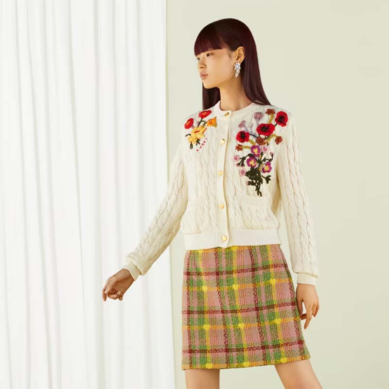 Gucci Women GG Lovelight Cotton Cardigan Embroidery White Floral Embroidery Crewneck