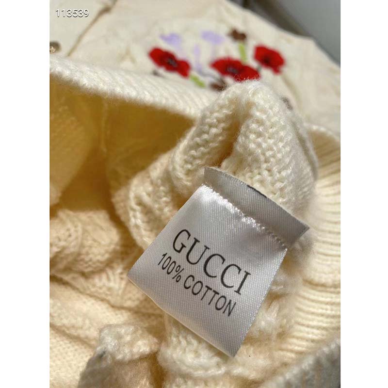 Gucci Women GG Lovelight Cotton Cardigan Embroidery White Floral Embroidery Crewneck